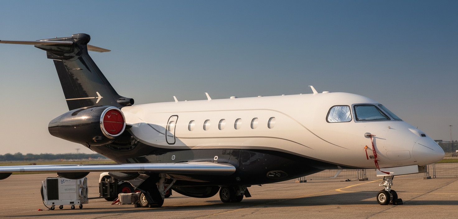 Jato executivo Embraer Praetor 600 estacionado no pátio, vista lateral pelo lado esquerdo.